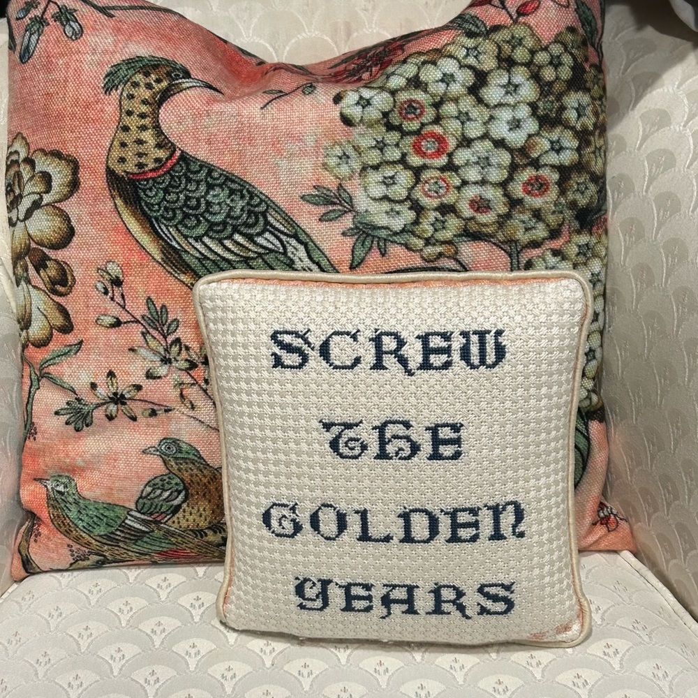 Vintage Handmade Decorative Needlepoint Pillow with Blue Text